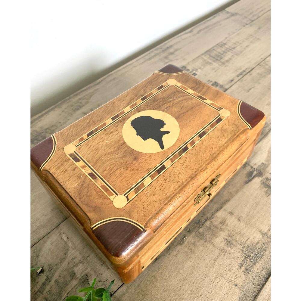 Vintage Cameo Silhouette Inlay Wood Keepsake Box Boho Cottagecore Old Money
